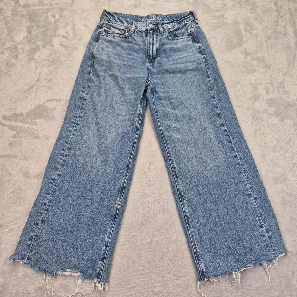 Baggy Wide Leg Super High Rise Jeans 2 X Short American Eagle Petite Raw Hem